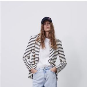 Zara Double Breasted Stripe cream/navy blazer